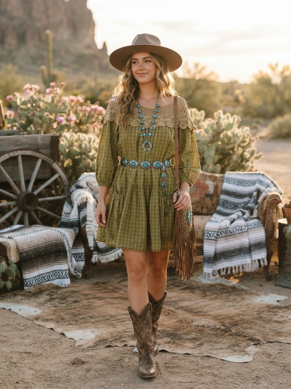 Entro Olive Green Gingham & Crochet Boho Tunic Dress S